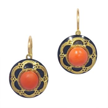 Vintage antique early Victorian gold earrings with onyx and coral by Unknown artist