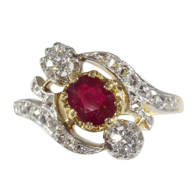 Vintage French Belle Epoque diamond and natural ruby cross-over engagement ring by Unbekannter Künstler