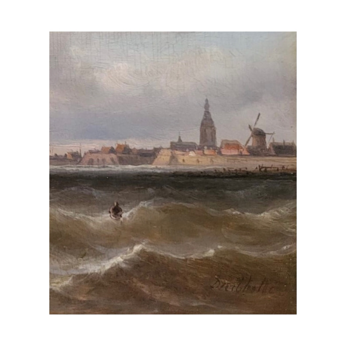 Een zeegezicht met een stad in de verte by Christiaan L. W. Dreibholtz