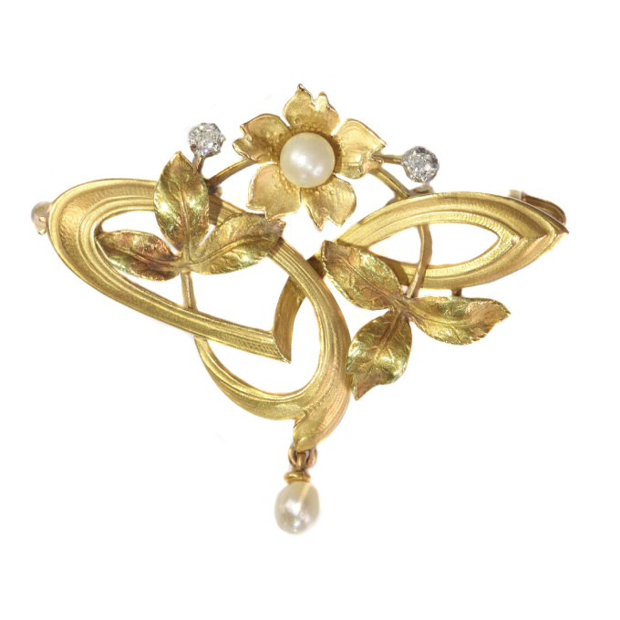 French Art Nouveau 18K gold pendant brooch with diamonds and pearls by Artista Desconhecido