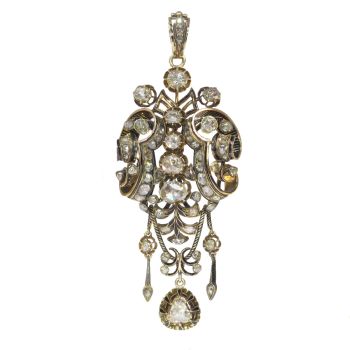 Impressive antique rose cut diamond brooch pendant with black enamel by Unknown Artist
