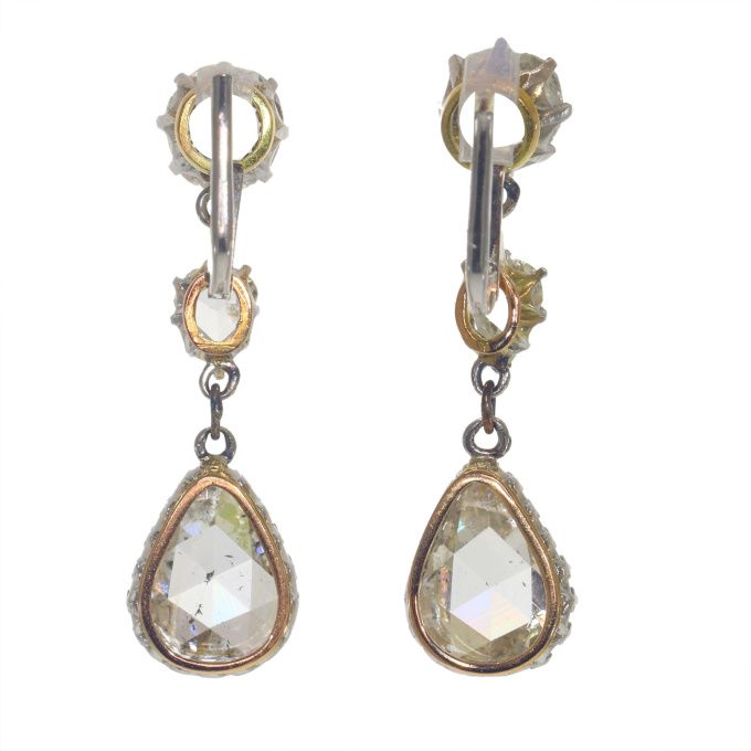 Vintage 1920's Belle Epoque / Art Deco long pendant earrings with very large pear shaped rose cut diamonds by Artista Desconocido