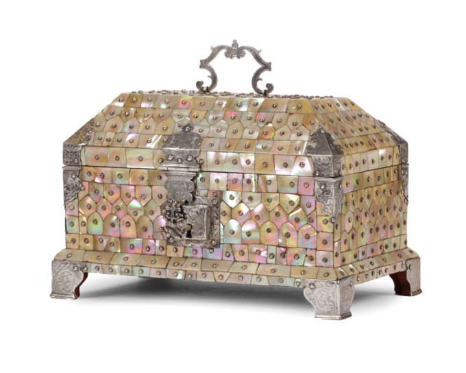 An exceptional Indo-Portuguese colonial mother-of-pearl veneered casket with silver mounts by Unknown artist