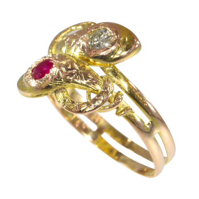 Vintage antique 18K gold snake ring with diamond and ruby by Unknown Artist