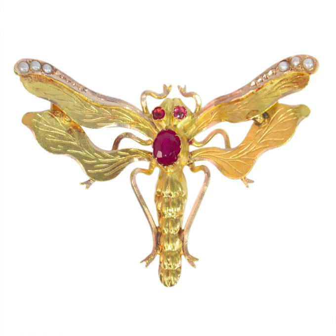 Vintage antique Victorian insect brooch with rubies and half seed pearls by Artista Sconosciuto