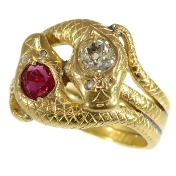 Late Victorian gold double serpent snake ring set with big diamond and ruby by Unknown Artist