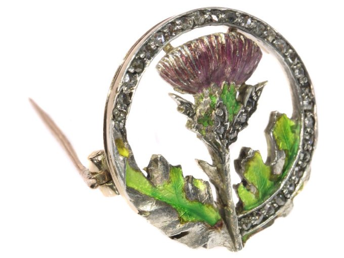 Late Victorian early Art Nouveau enameled thistle brooch with rose cut diamonds by Artista Desconhecido