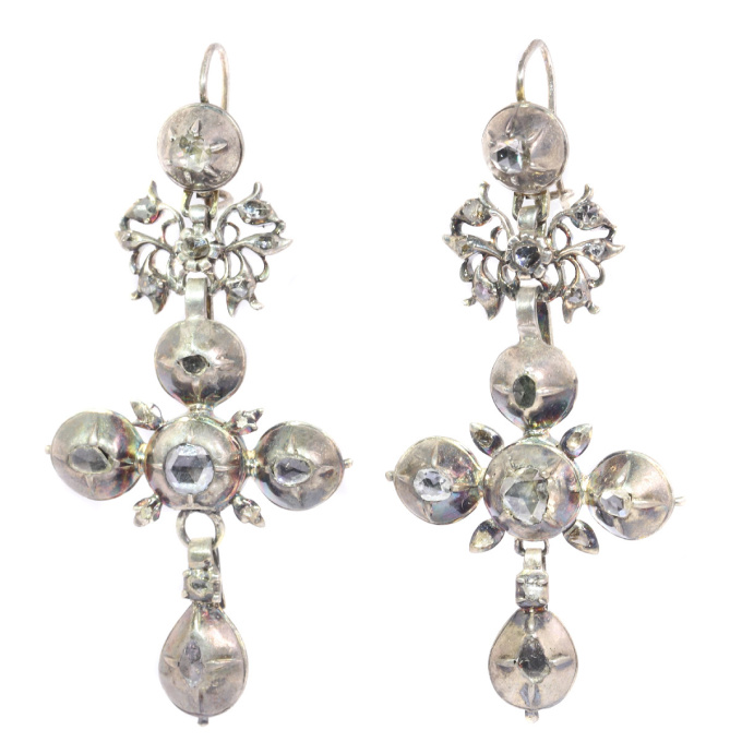 Rare Flemish cross earrings gold backed silver pendants with rose cut diamonds by Unbekannter Künstler