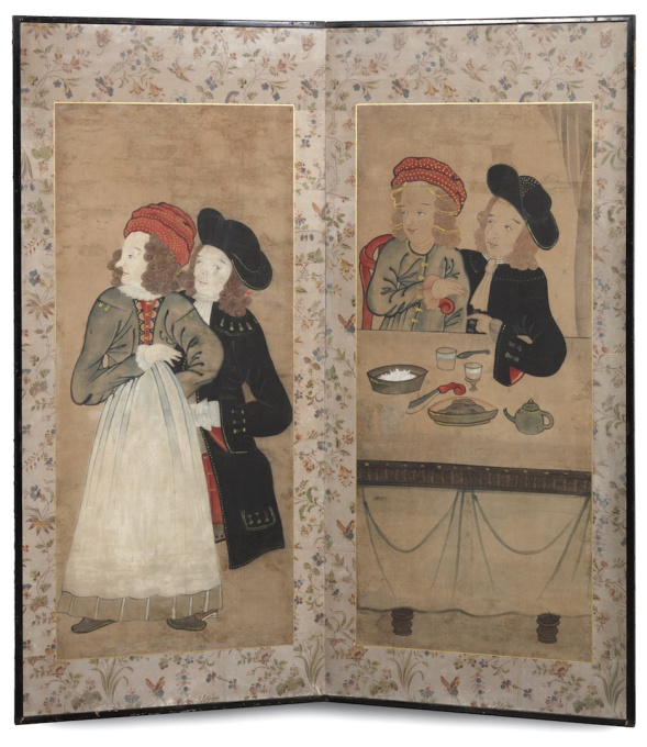 A JAPANESE TWO-FOLD SCREEN, BYOBU, DEPICTING A DUTCH COUPLE by Unknown artist
