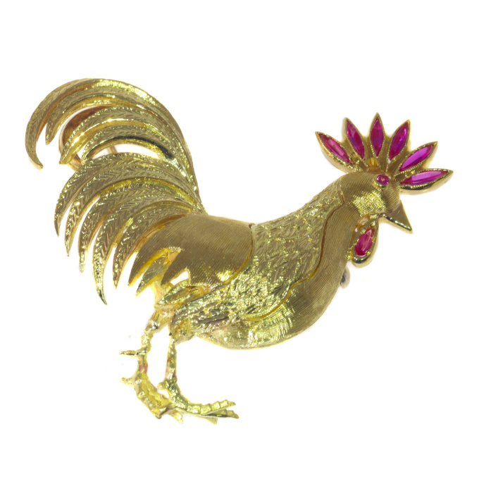Vintage Fifties 18K gold brooch rooster with ruby comb by Onbekende Kunstenaar