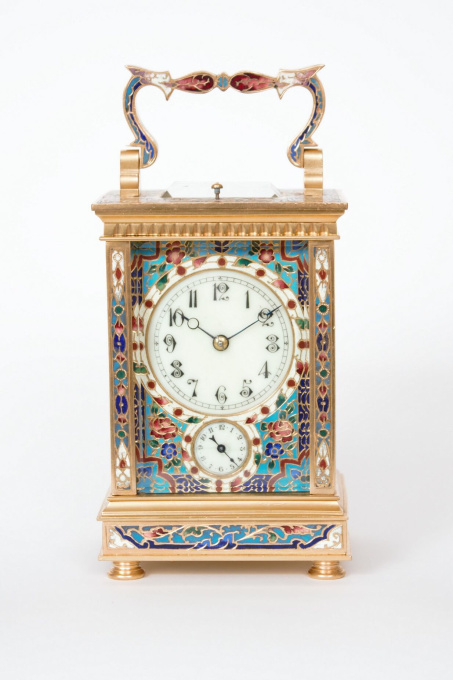 A French gilt brass cloisonne enamel carriage clock with grande sonnerie and alarm, circa 1890 by Onbekende Kunstenaar