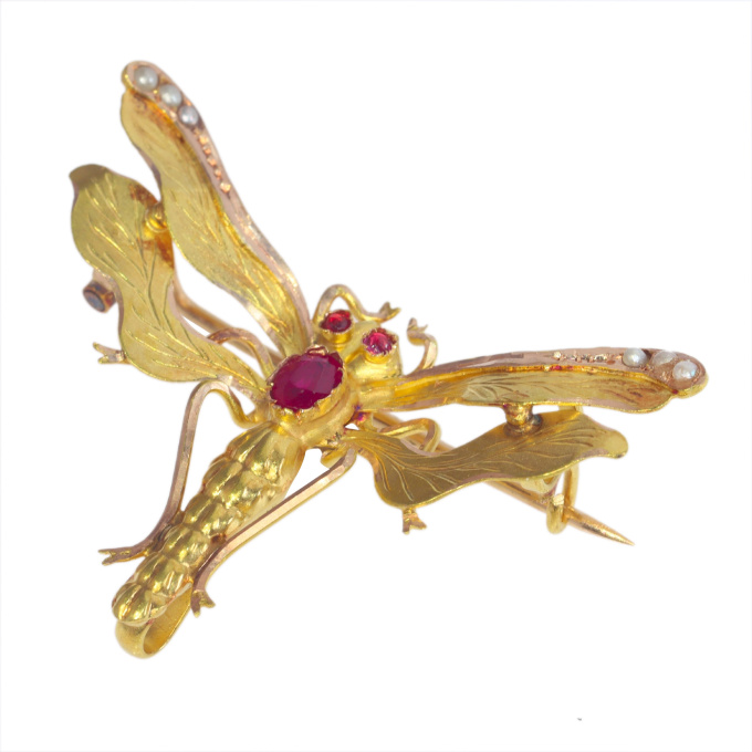 Vintage antique Victorian insect brooch with rubies and half seed pearls by Artiste Inconnu