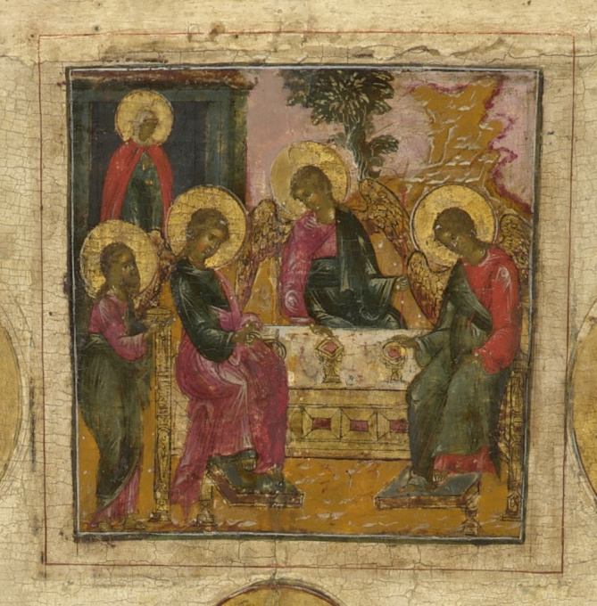 Antique Russian wooden icon: The Three Saints by Unbekannter Künstler
