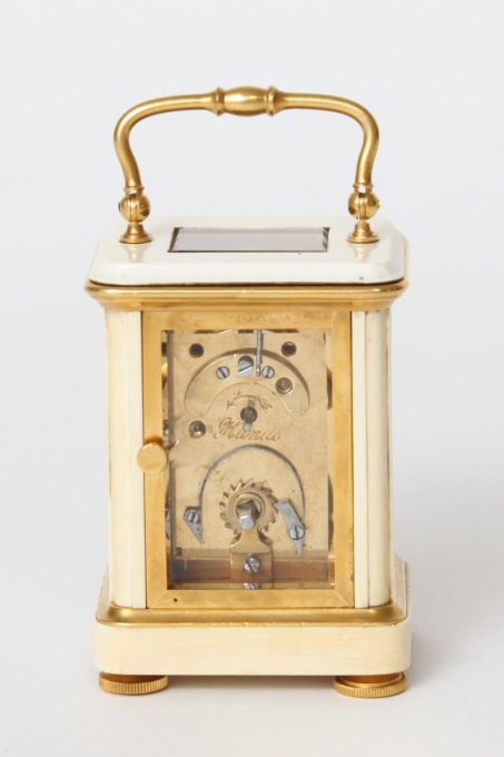 A miniature French cloisonne and ivory carriage timepiece, circa 1880 by Artiste Inconnu