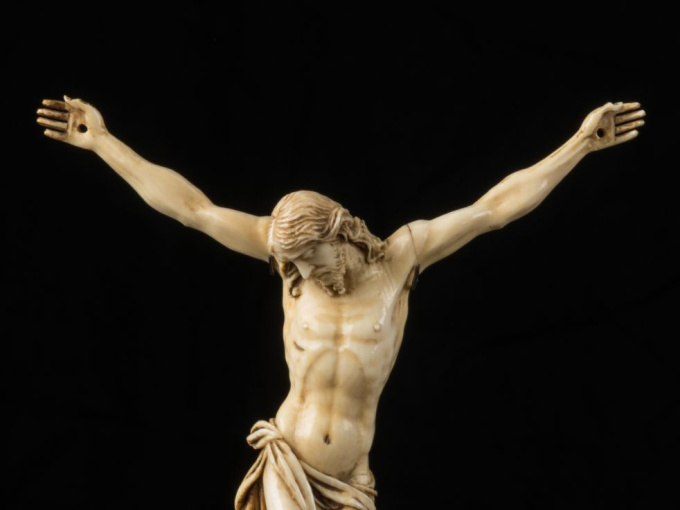 19th C Very Finely Carved ivory Crucified Christ, Signed Migeon. by Unknown artist