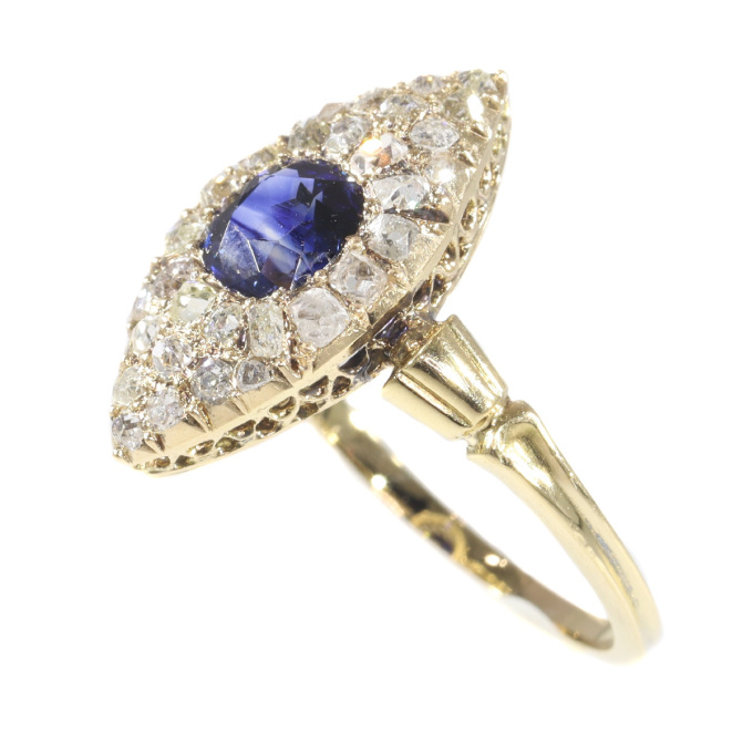 Early Victorian diamond and natural vivid blue sapphire engagement ring by Onbekende Kunstenaar