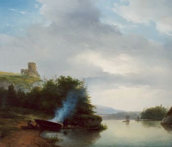 A hilly river landscape with a ruin by Andreas Schelfhout