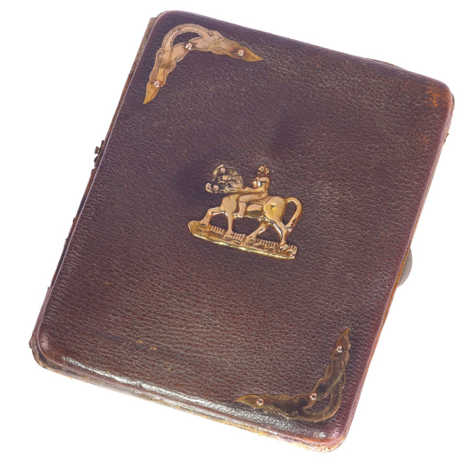Dutch antique leather wallet with gold fittings and horse back riding motif by Unknown Artist