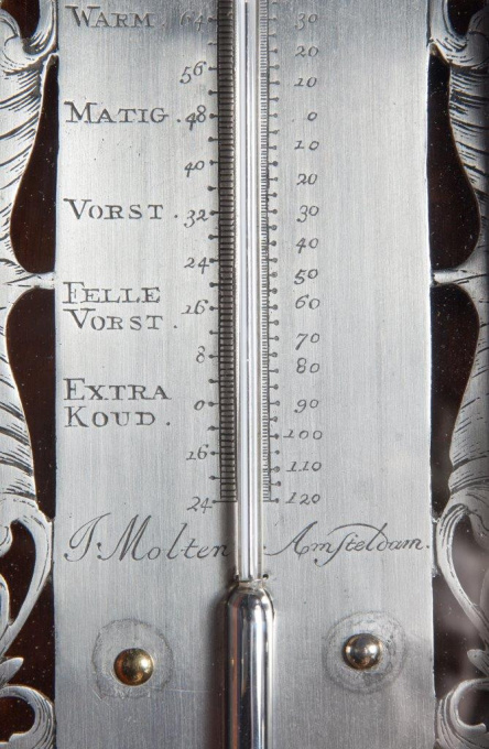A Dutch walnut barometer signed J. Molten Amsterdam by Joseph Molten