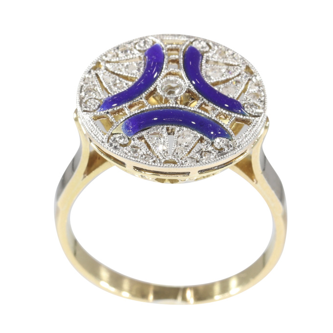 Vintage Art Deco diamond engagement ring with blue enamel by Artista Sconosciuto