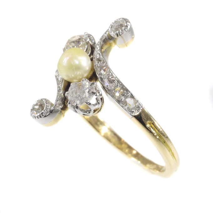 Belle Epoque diamond and pearl cross over ring by Unbekannter Künstler