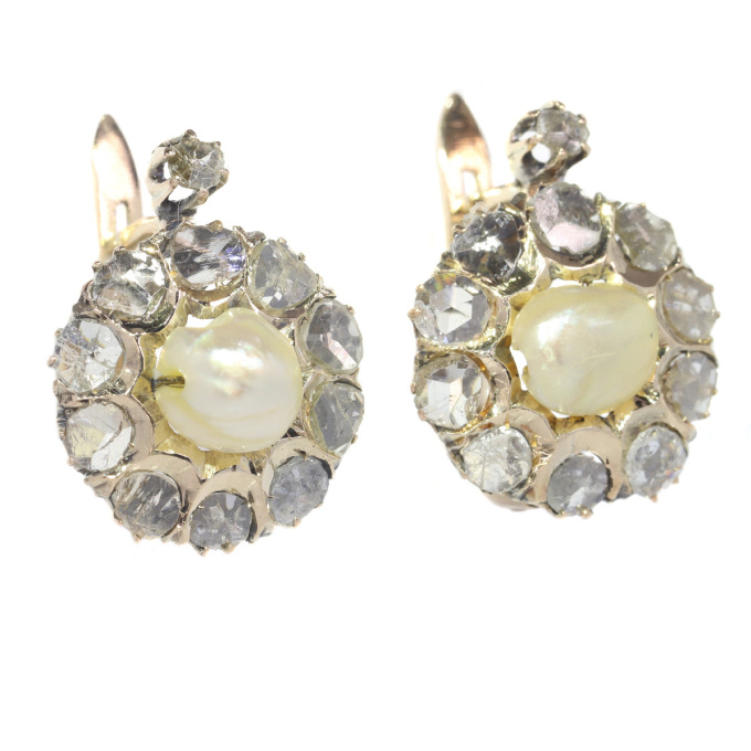 Victorian pink gold earrings set with rose cut diamonds and natural pearls by Artista Sconosciuto