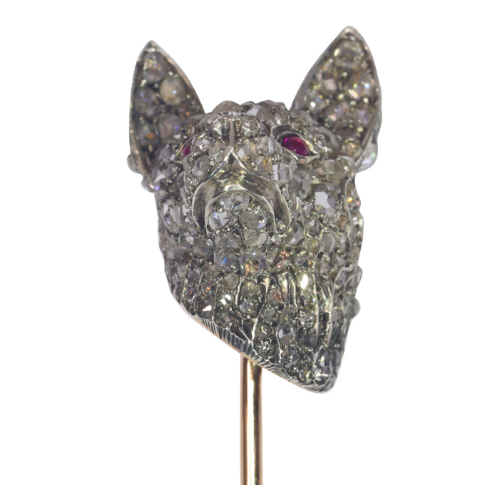 Antique Victorian fully diamond set dogs head stick pin by Artista Sconosciuto