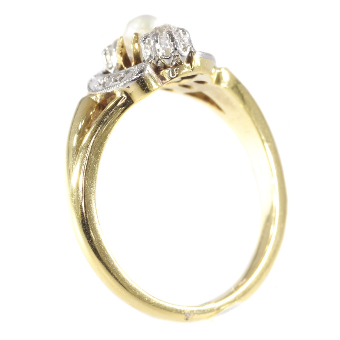 Elegant estate diamond and pearl engagement ring by Artista Sconosciuto