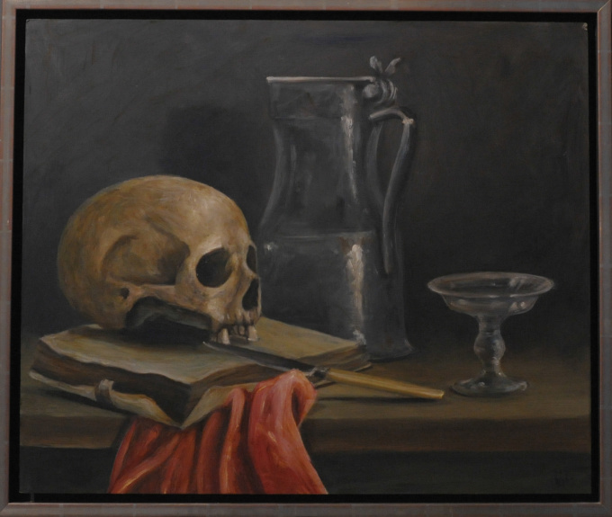 Skull with red fabrics by Willeke Timmer