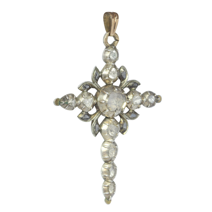 Vintage antique Victorian diamond rose cut cross pendant with large rose cut diamond in its center by Unknown artist
