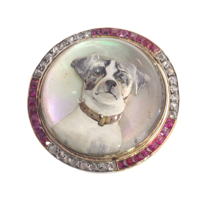 Gold diamond hunting brooch English Crystal with picture of Jack Russel Terrier by Artista Desconocido