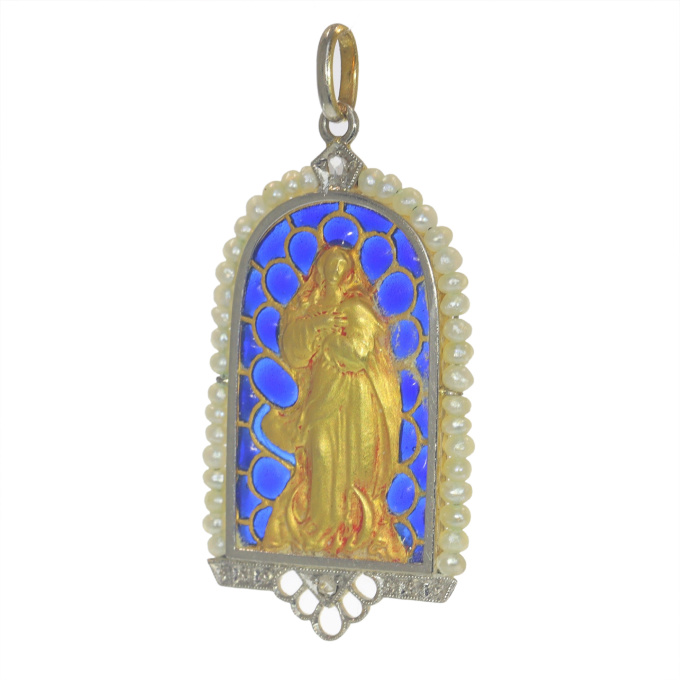 Vintage antique 18K gold pendant Mother Mary medal with diamonds and plique-a-jour enamel by Unknown artist