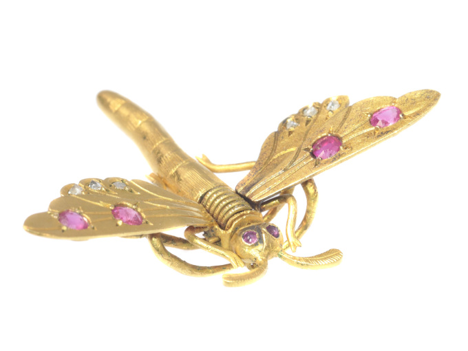 Antique Victorian hair clip brooch 18K gold dragonfly rose cut diamonds rubies by Onbekende Kunstenaar