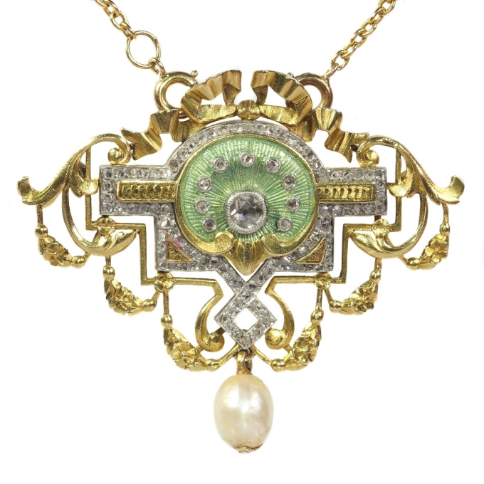Vintage Belle Epoque brooch and pendant on chain enameled set with 109 diamonds by Unbekannter Künstler