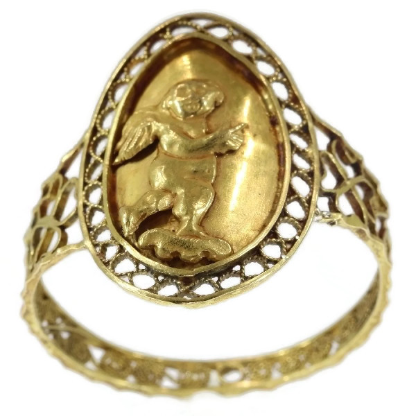 Large Antique French love and luck gold ring with cute little Amor by Unknown artist