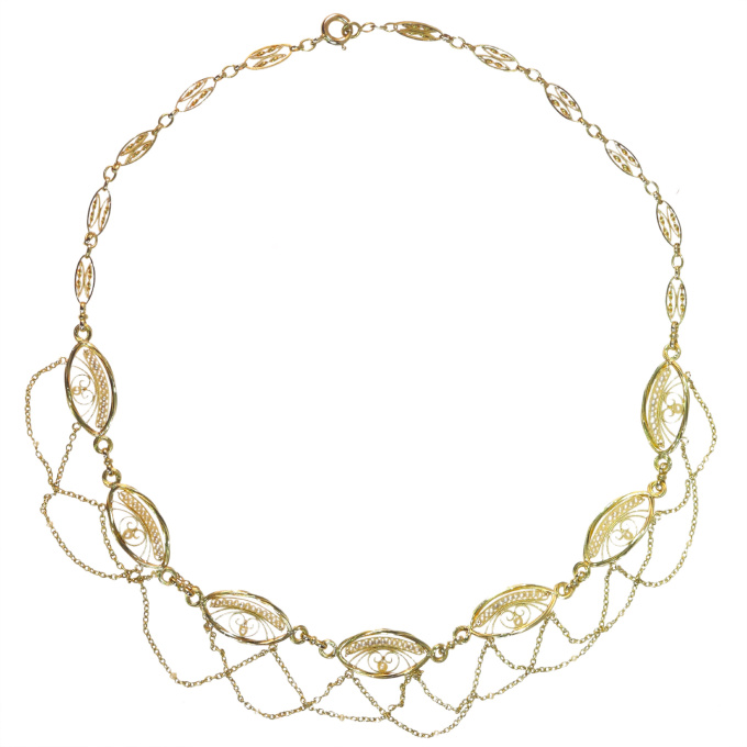 Antique French 18K gold filigree necklace with over 100 natural seed pearls by Artista Sconosciuto