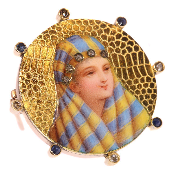 Typical late 19th cent. gold enameled brooch with bedouin woman by Unknown artist