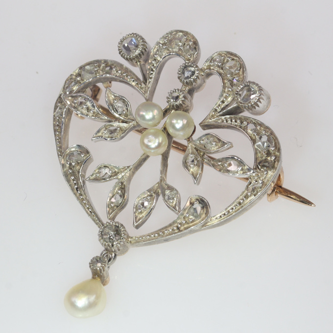 Vintage antique brooch pendant set with rose cut diamonds and seed pearls by Unknown artist