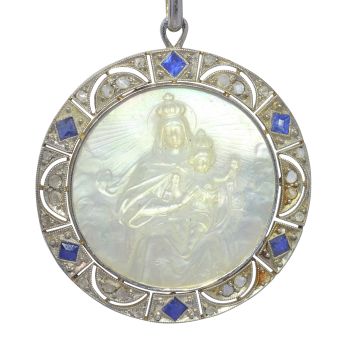 Vintage 1920's Edwardian - Art Deco diamond and sapphire Mother Mary and baby Jesus medal by Artiste Inconnu