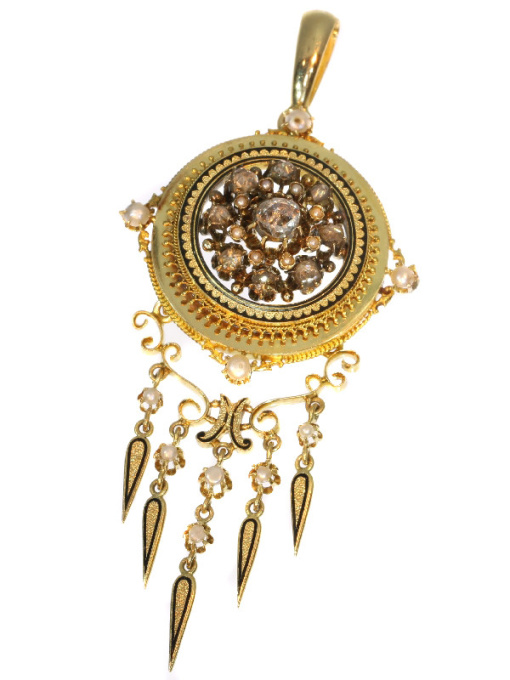 Antique rose cut diamonds and pearl enameled pendant both brooch and pendant by Artista Sconosciuto