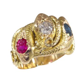 Late Victorian early Art Nouveau snake ring with diamond ruby and sapphire by Unknown Artist