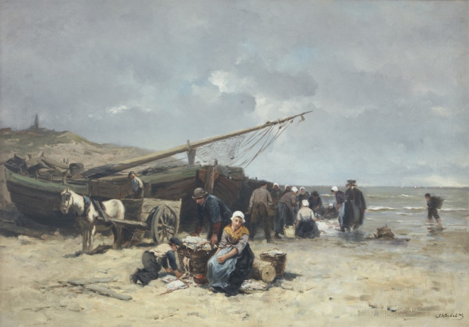 Selling fish on the beach of Scheveningen by Johannes Marius ten Kate