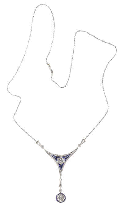 Art Deco Belle Epoque pendant with big brilliants and calibrated sapphires by Artista Sconosciuto