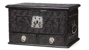 A Dutch-colonial Indian carved ebony box with silver mounts by Unknown artist