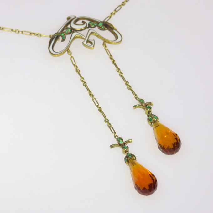 French Art Nouveau enameled necklace with emeralds and citrine briolettes by Artista Sconosciuto