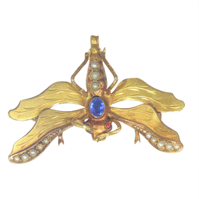 Vintage antique Victorian insect brooch with half seed pearls and a blue stone by Artiste Inconnu