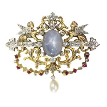 19th Century French brooch two sphinxes diamond set and star sapphire (Freemasonry?) by Unknown Artist