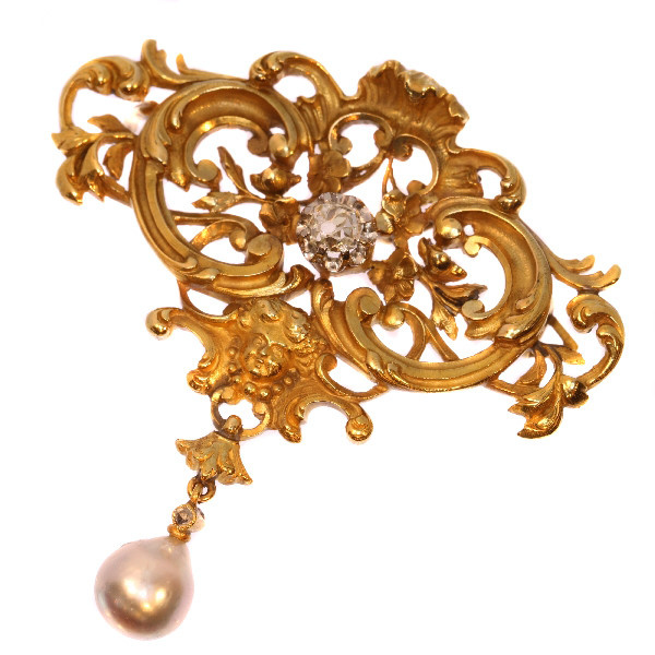 Aesthetic Victorian gold brooch pendant with angels head and diamond by Artista Sconosciuto