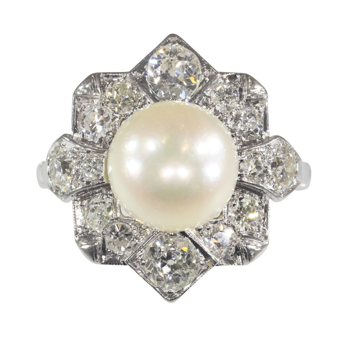 Vintage Art Deco platinum diamond pearl ring by Onbekende Kunstenaar