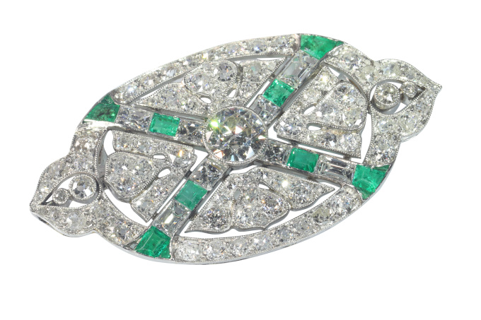 Art Deco platinum diamond and emerald brooch with almost 7.00 crts of total diamond weight by Artiste Inconnu